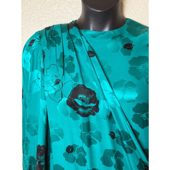 Silk Teal Green Drape Tie Floral Dress Vtg 80's Francesca Damon Starington Sz 8 - Picture 3 of 9